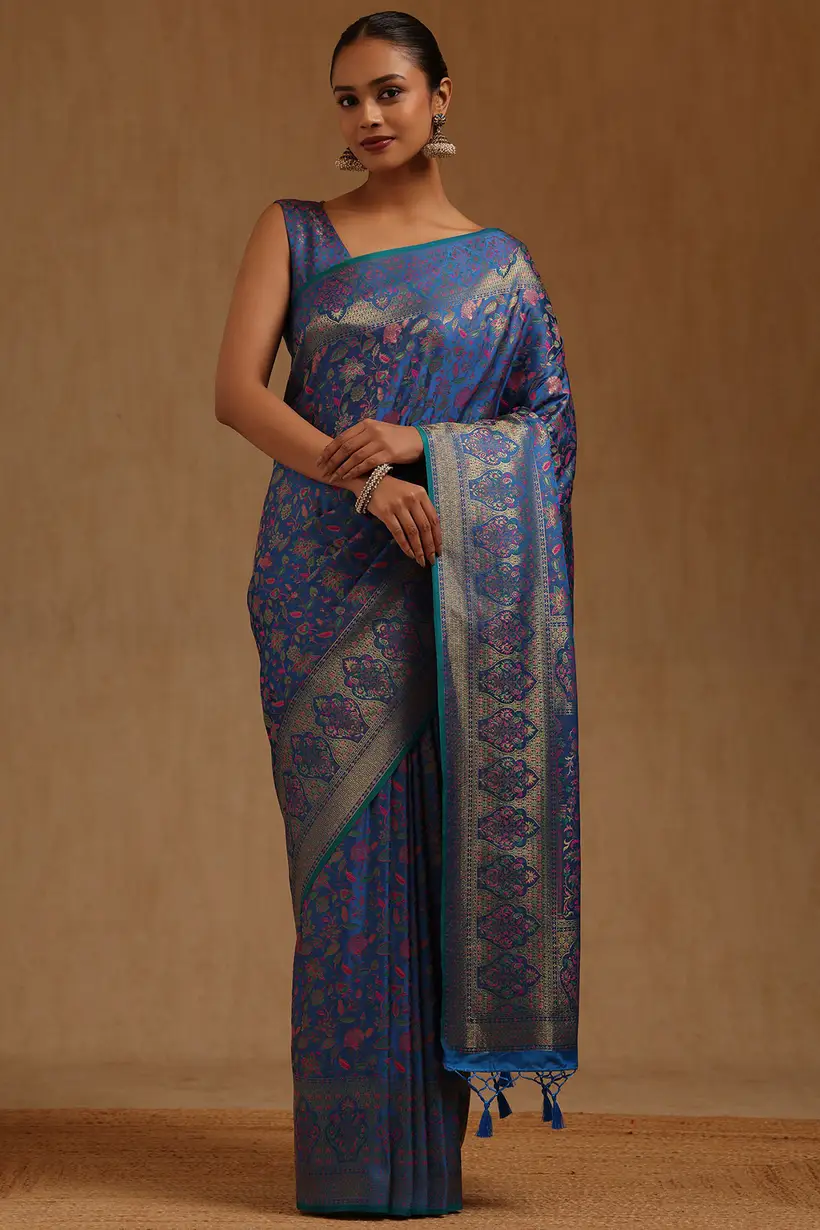 Blue Tussar Floral Woven Design Saree